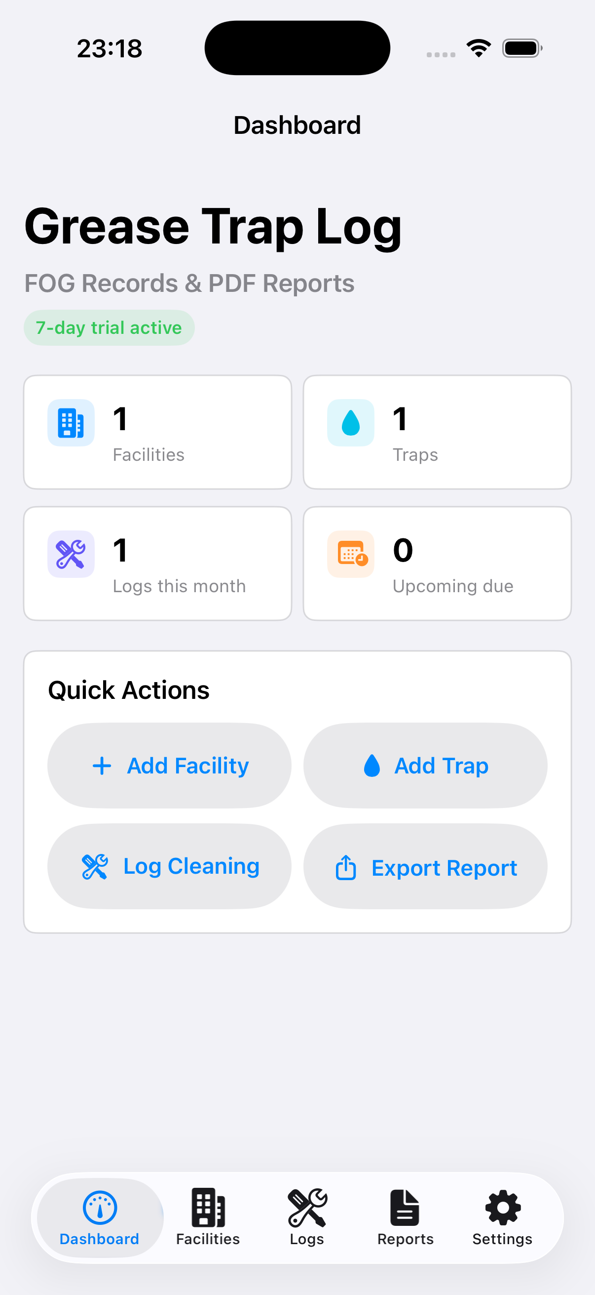 Dashboard screenshot from Grease Trap Log