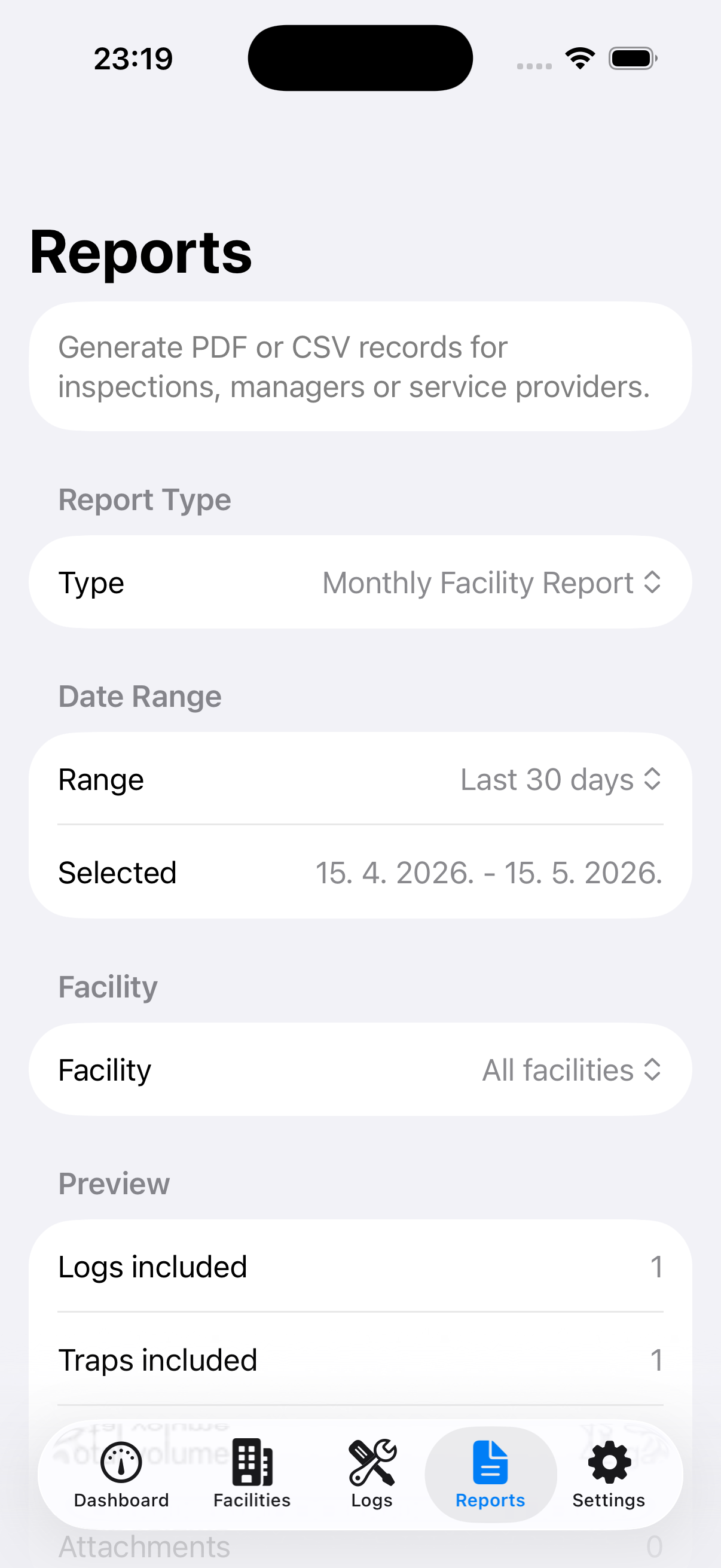 Reports screenshot from Grease Trap Log